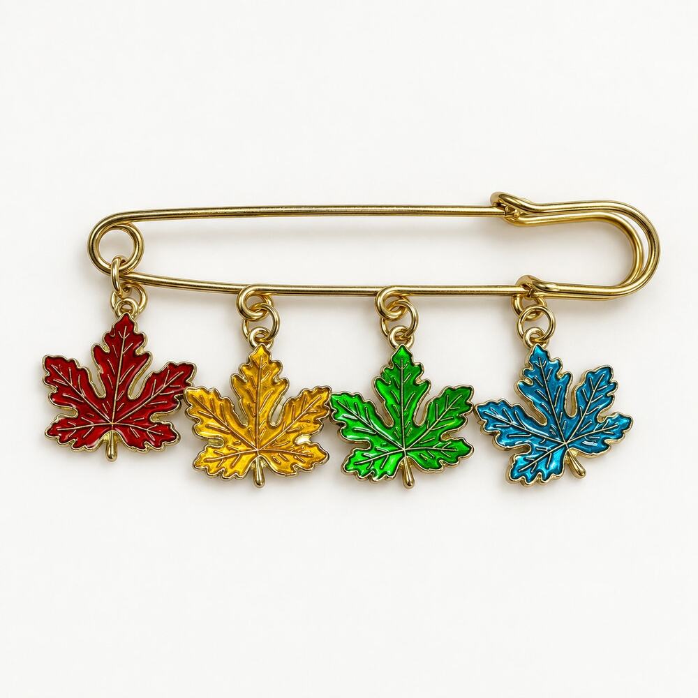 Colorful Maple Leaf Safety Pin Brooch Gold Tone Fall Autumn Charm Jewelry CP176